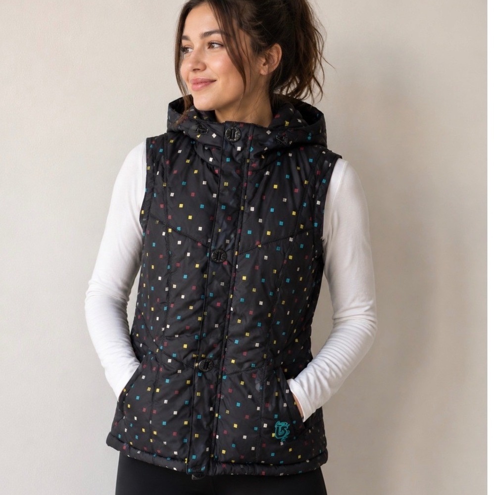 Burton Dryride Puffer Vest Womens Medium Black Multicolor Square Print Hooded